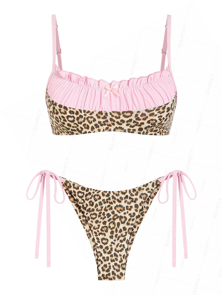 Seamolly Leopard Print Ruched Bralette Top & Cheeky Brazilian Bottom Bikini Set