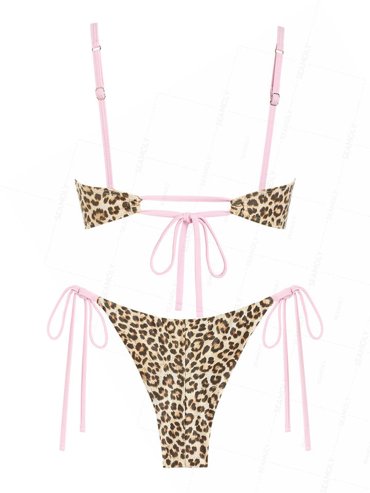 Seamolly Leopard Print Ruched Bralette Top & Cheeky Brazilian Bottom Bikini Set