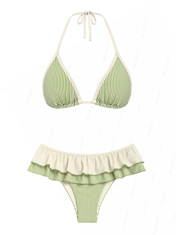 Seamolly Striped Contrast Binding Layered Ruffles Skirtini Bikini Set