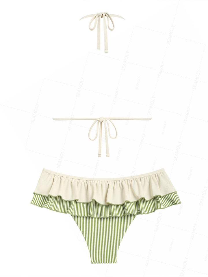 Seamolly Striped Contrast Binding Layered Ruffles Skirtini Bikini Set
