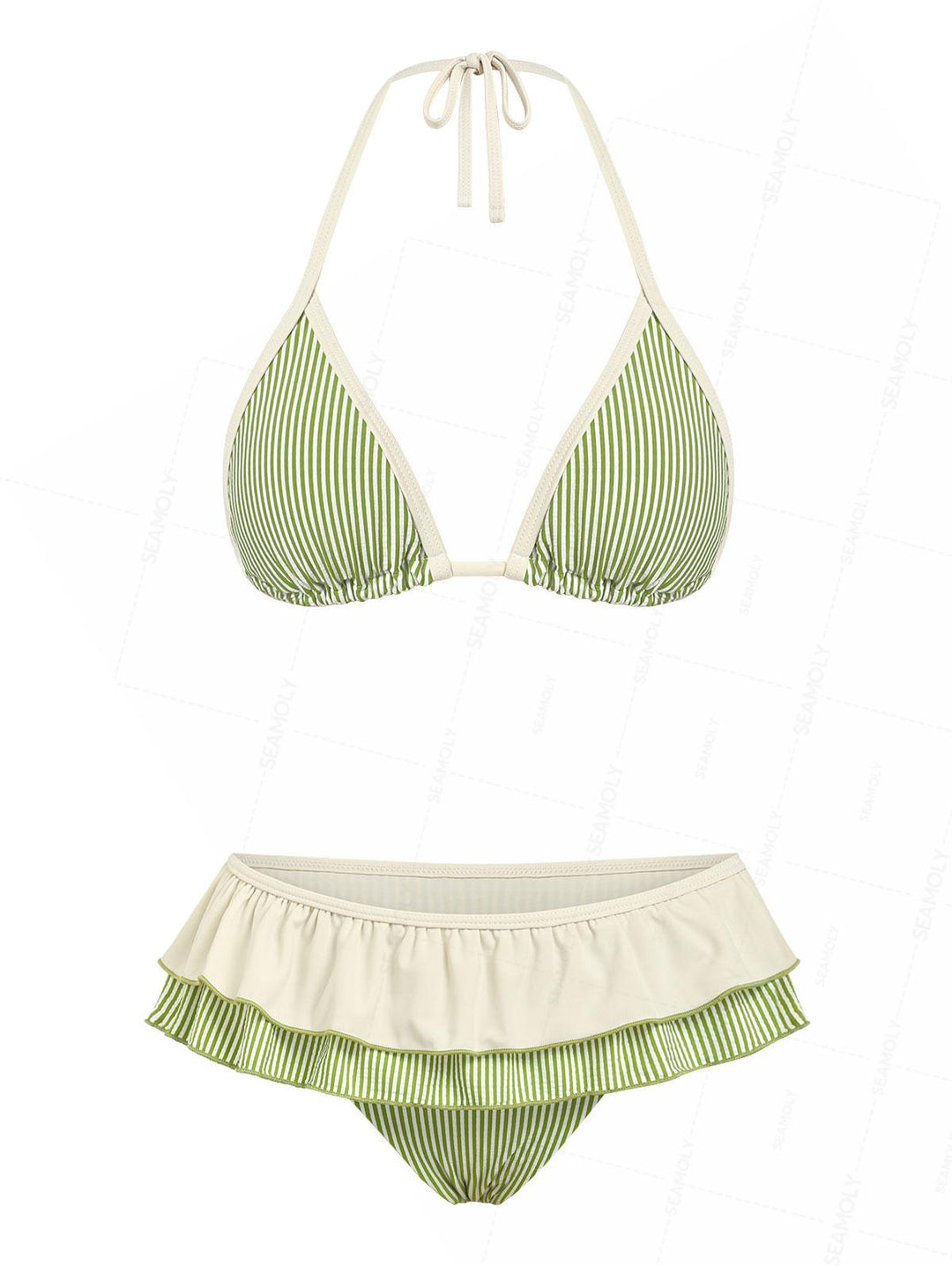 Seamolly Striped Contrast Binding Layered Ruffles Skirtini Bikini Set