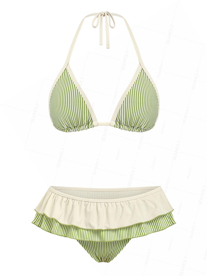 Seamolly Striped Contrast Binding Layered Ruffles Skirtini Bikini Set