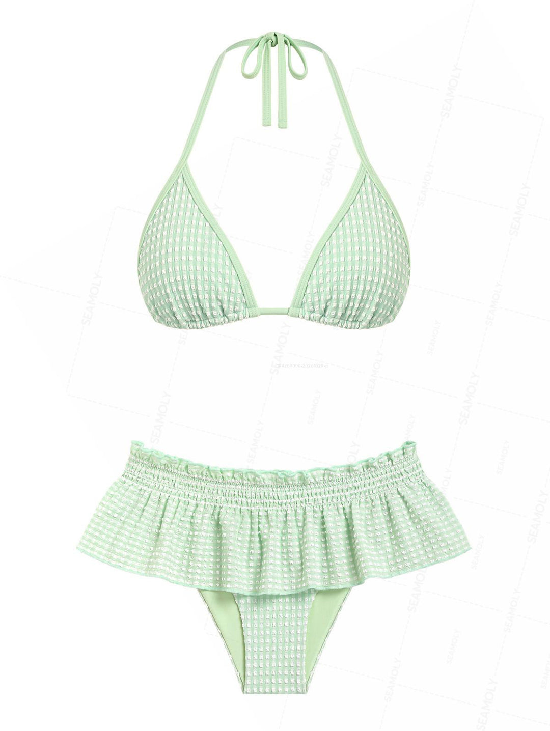 Seamolly Textured Contrast Binding Smocked Peplum Skirtini Bikini Set