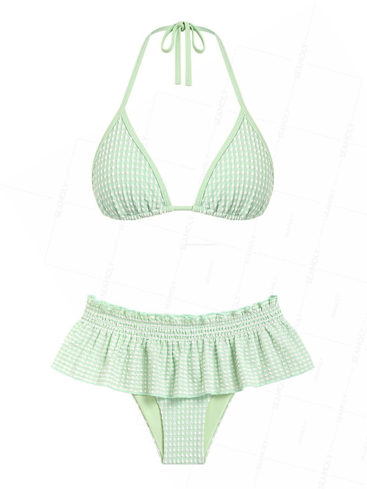 Seamolly Textured Contrast Binding Smocked Peplum Skirtini Bikini Set