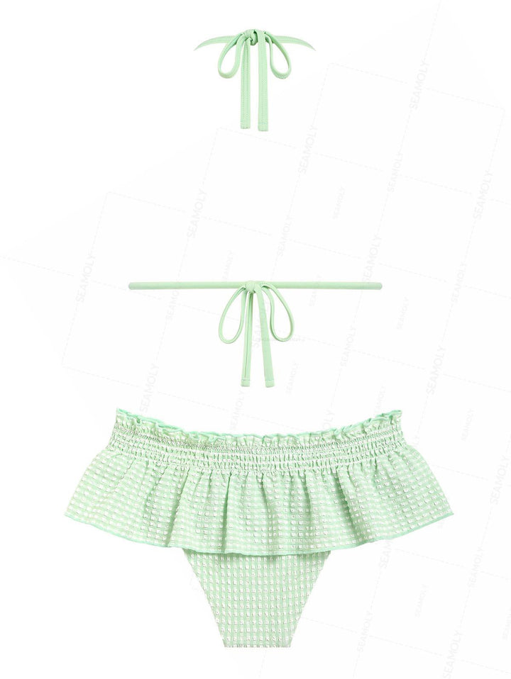 Seamolly Textured Contrast Binding Smocked Peplum Skirtini Bikini Set