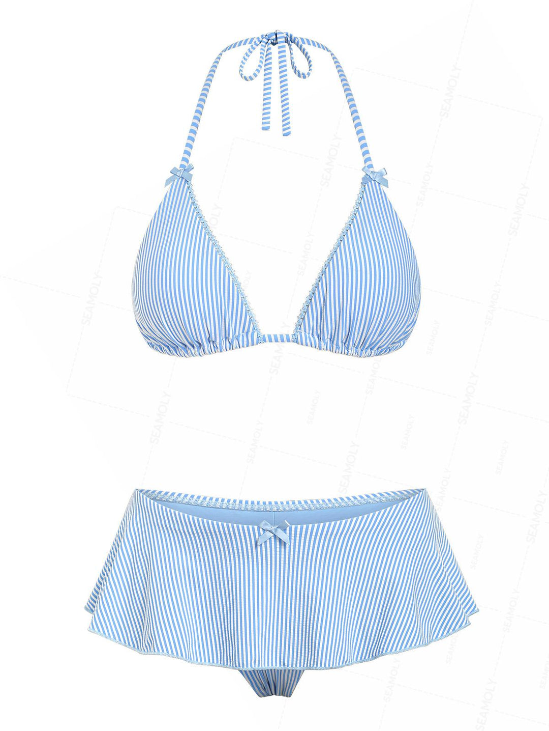 Seamolly Striped Lace Bowknot Triangle Peplum Skirtini Bikini Set
