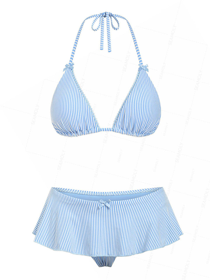 Seamolly Striped Lace Bowknot Triangle Peplum Skirtini Bikini Set