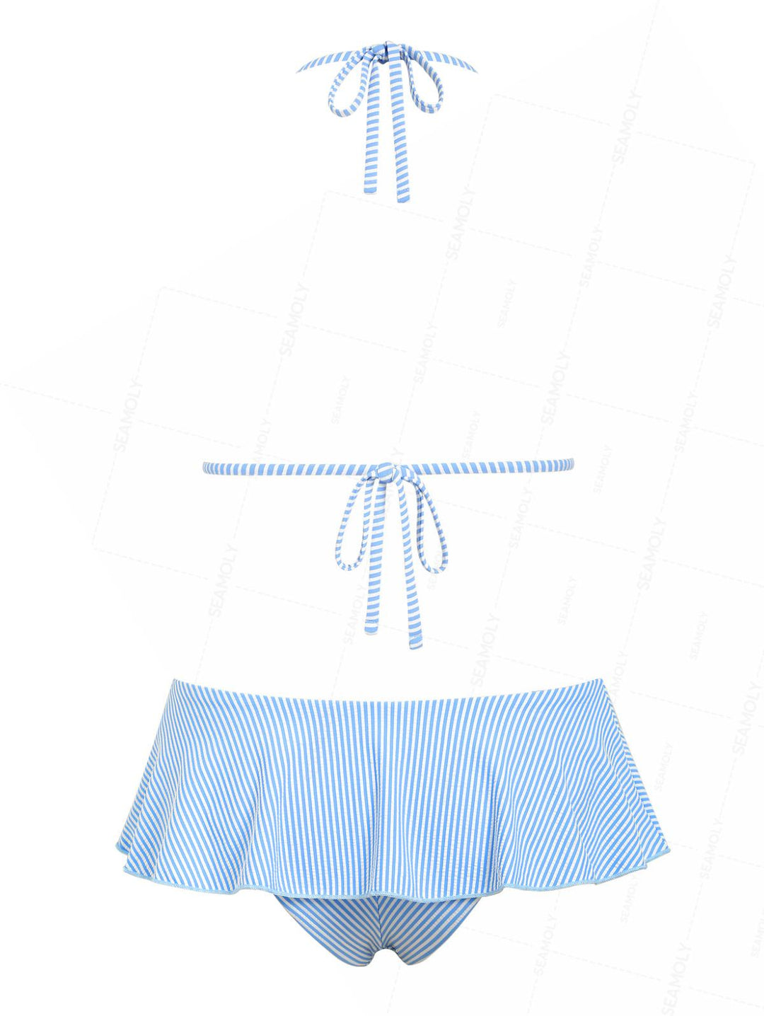 Seamolly Striped Lace Bowknot Triangle Peplum Skirtini Bikini Set