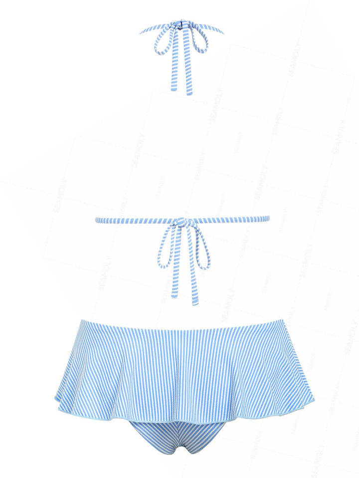 Seamolly Striped Lace Bowknot Triangle Peplum Skirtini Bikini Set