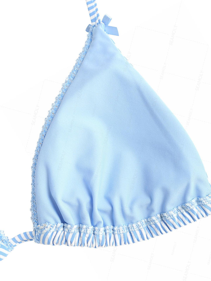 Seamolly Striped Lace Bowknot Triangle Peplum Skirtini Bikini Set