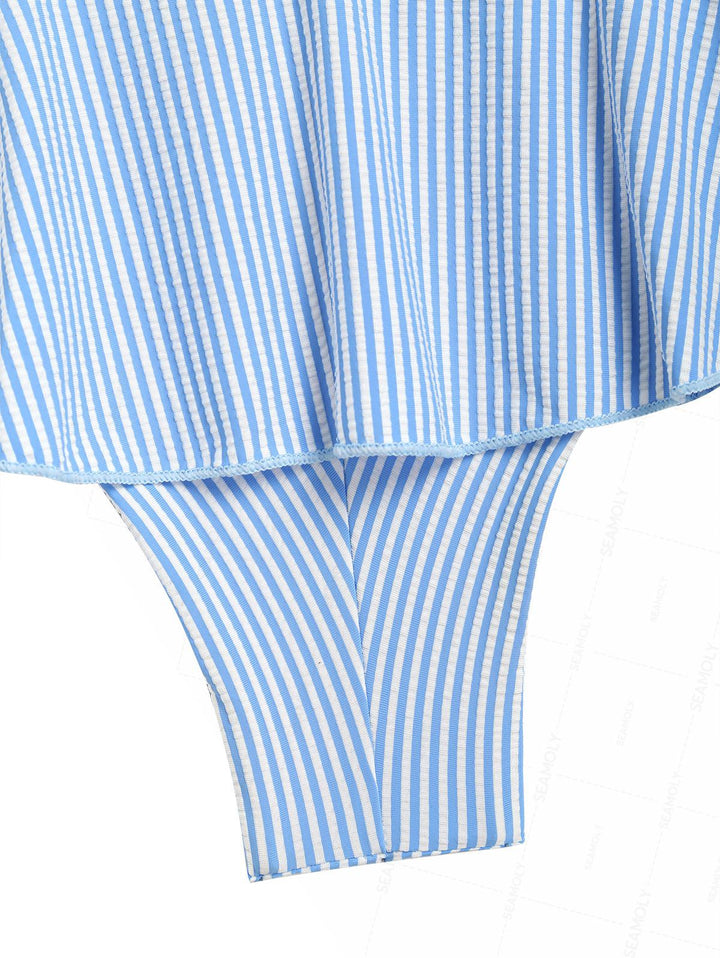 Seamolly Striped Lace Bowknot Triangle Peplum Skirtini Bikini Set