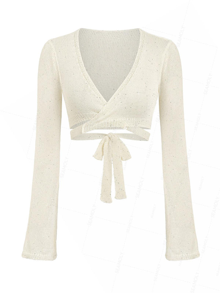 Multiway Tie Sequins Long Sleeves Knit Beach Crop Cover Up Top