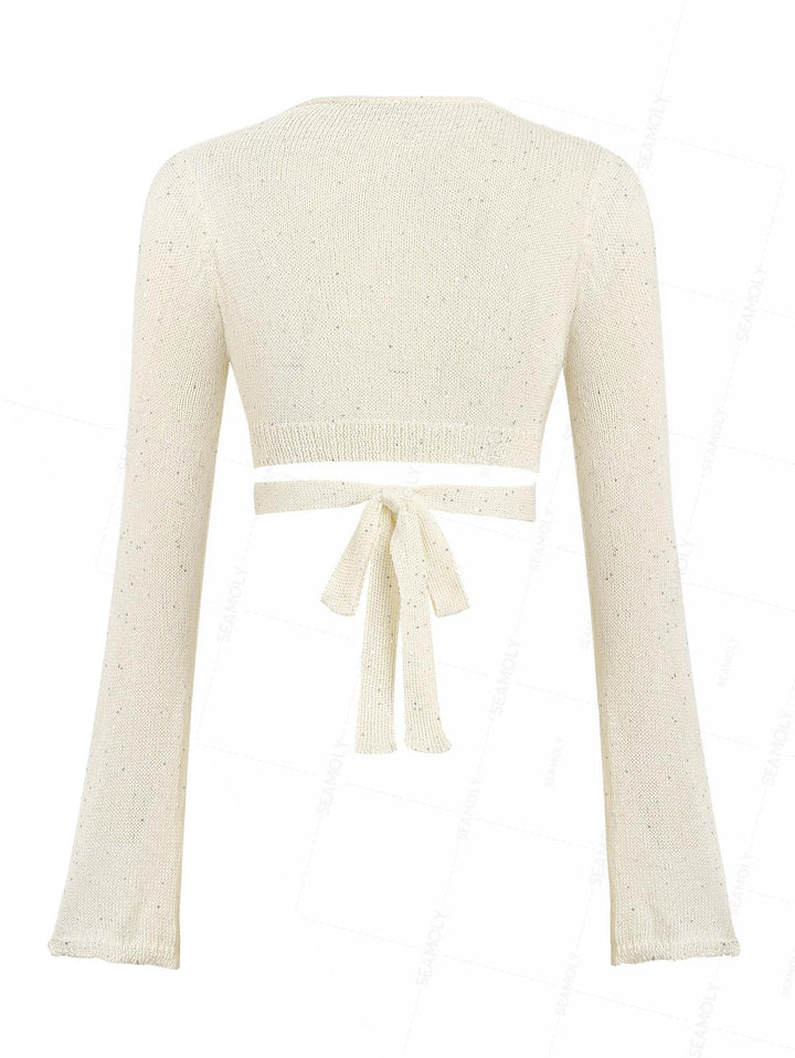 Multiway Tie Sequins Long Sleeves Knit Beach Crop Cover Up Top