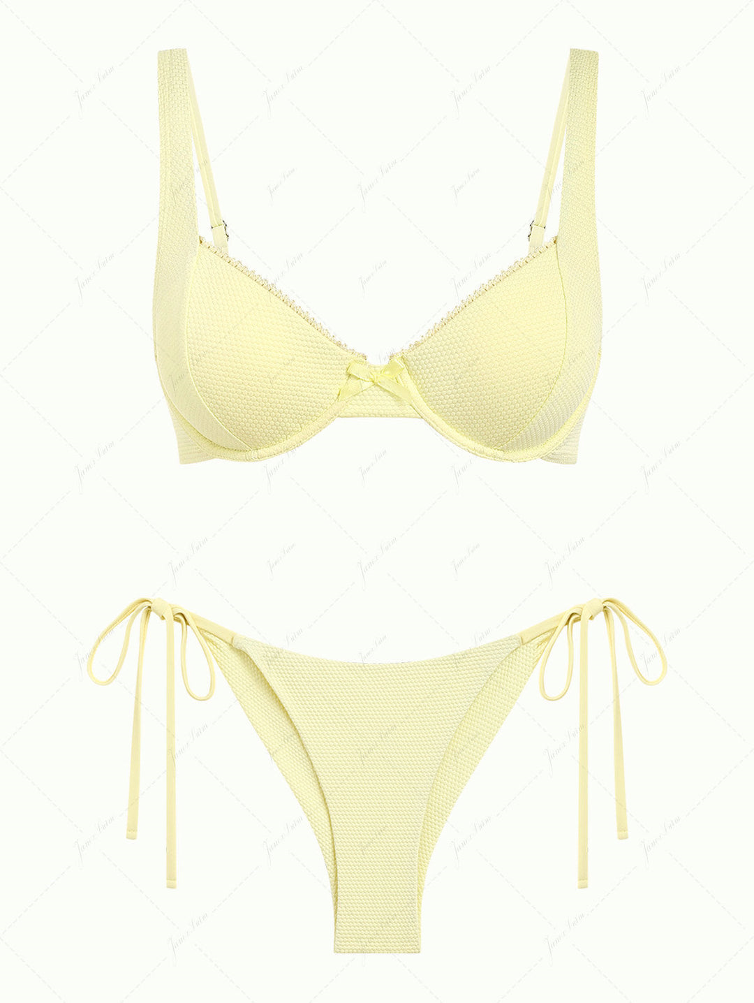 Light Yellow Textured Knit Fabric Underwire Top & Cheeky Brazilian Bottom Bikini Set