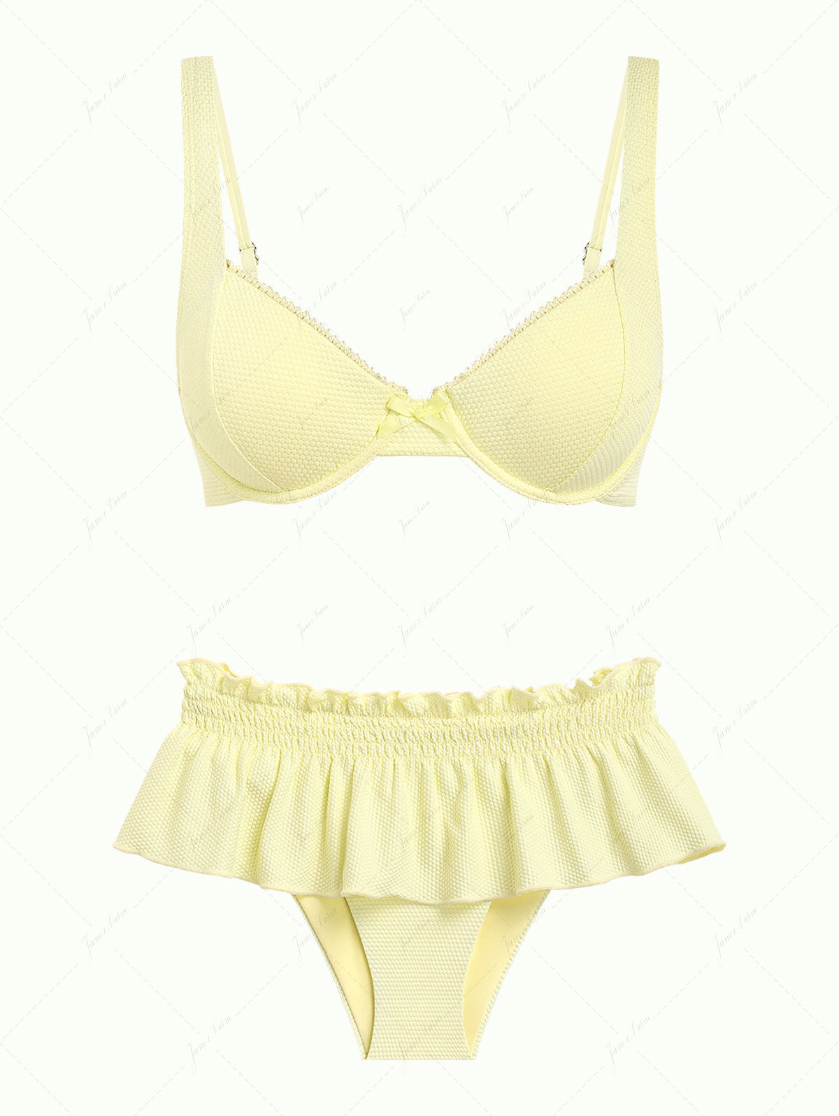 Light Yellow Textured Knit Fabric Lace Bowknot Underwire Skirtini Biki ...