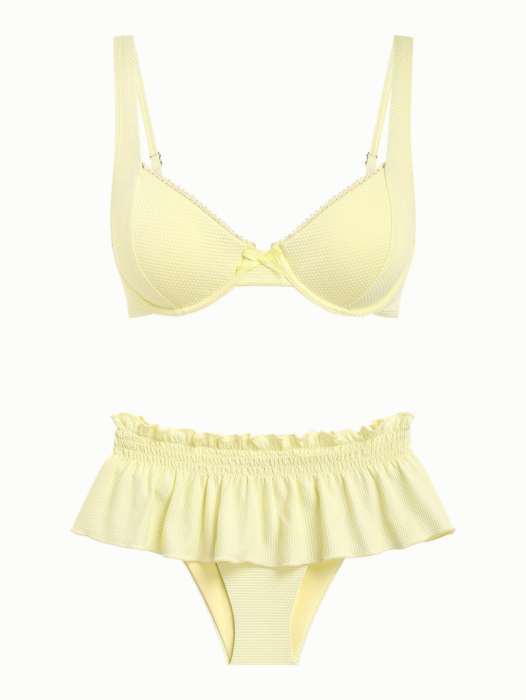 Light Yellow Textured Knit Fabric Lace Bowknot Underwire Skirtini Bikini Set