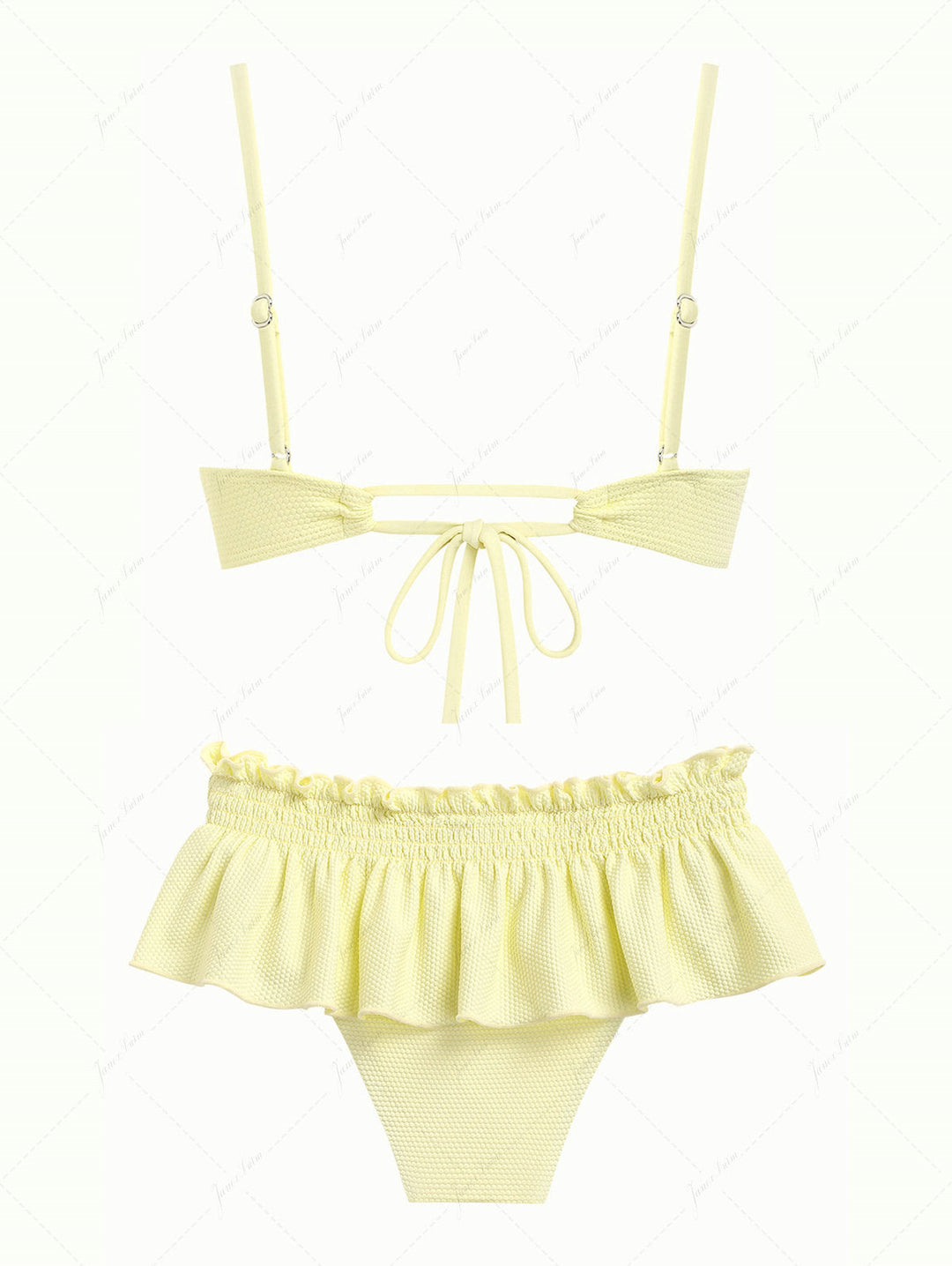 Light Yellow Textured Knit Fabric Lace Bowknot Underwire Skirtini Bikini Set