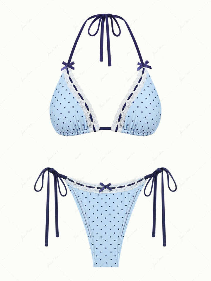 Light Blue Polka Dot Lace Bowknot Halter Triangle Bikini Set