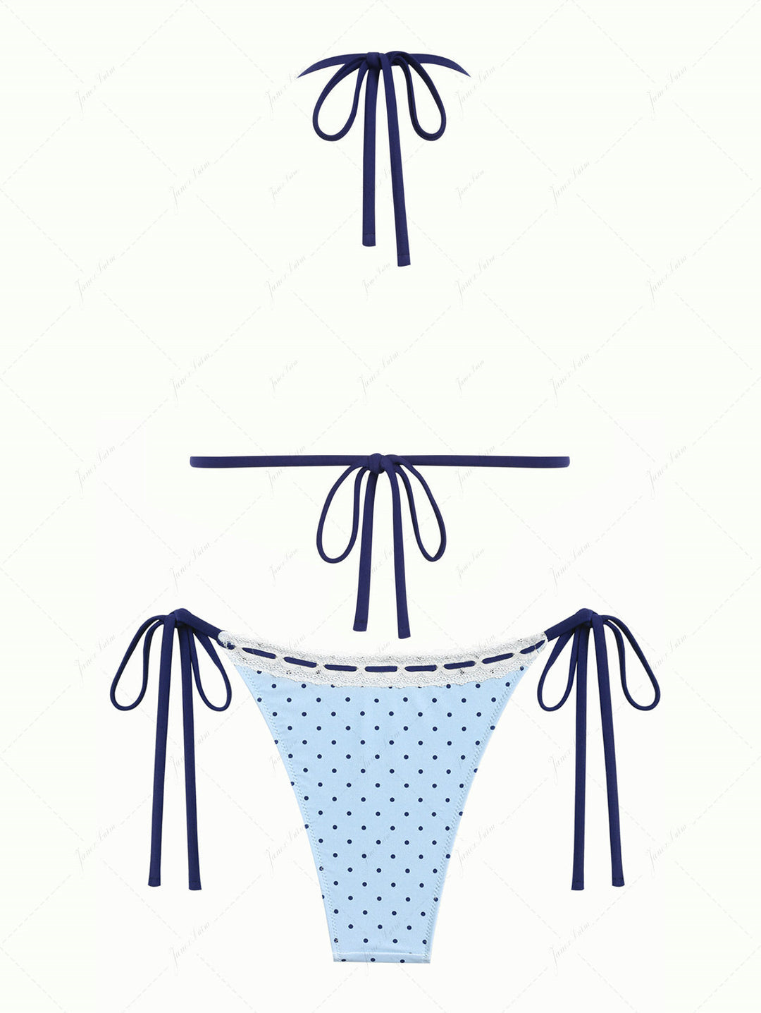 Light Blue Polka Dot Lace Bowknot Halter Triangle Bikini Set