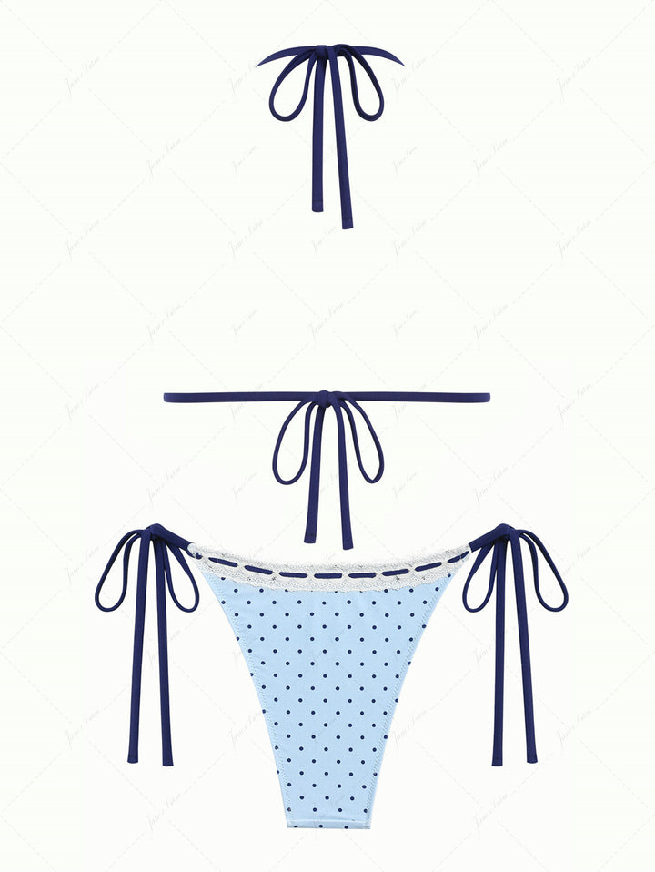 Light Blue Polka Dot Lace Bowknot Halter Triangle Bikini Set