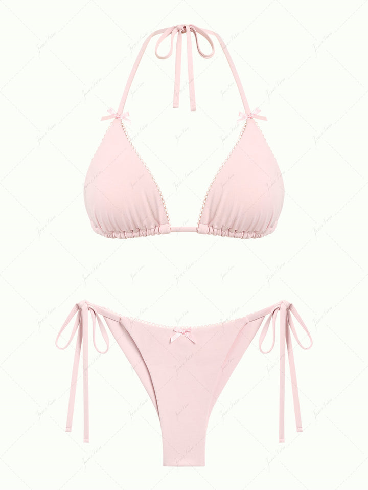 Pink Solid Color Picot Bowknot Triangle Top & Cheeky Brazilian Bottom Bikini Set