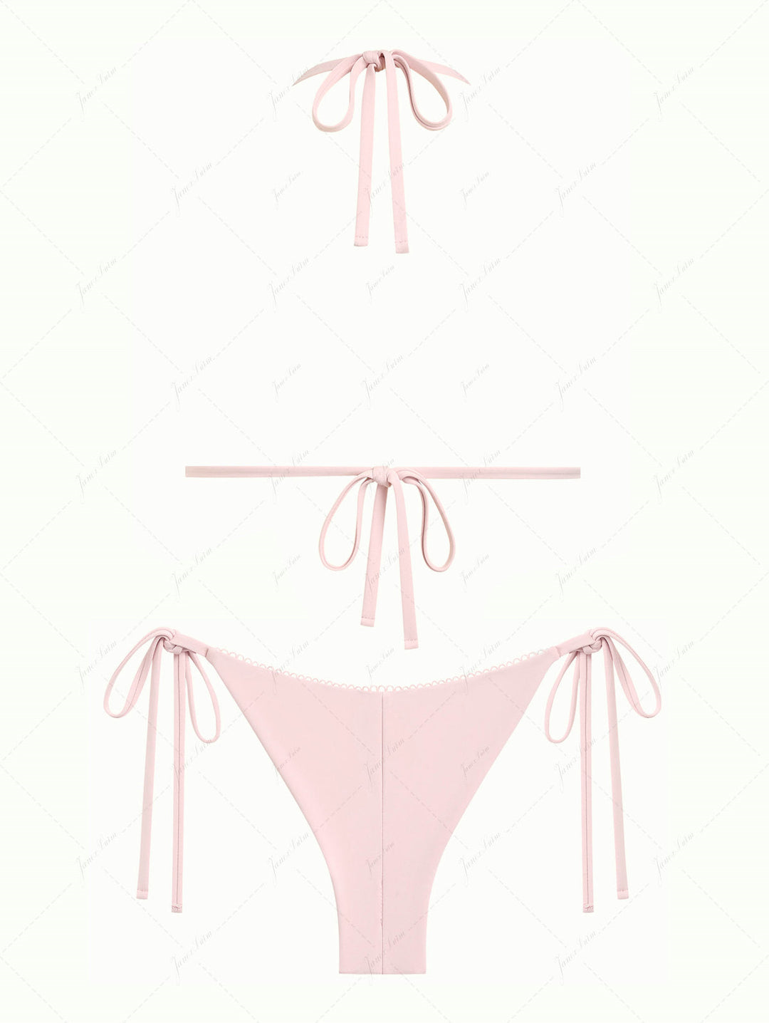 Pink Solid Color Picot Bowknot Triangle Top & Cheeky Brazilian Bottom Bikini Set
