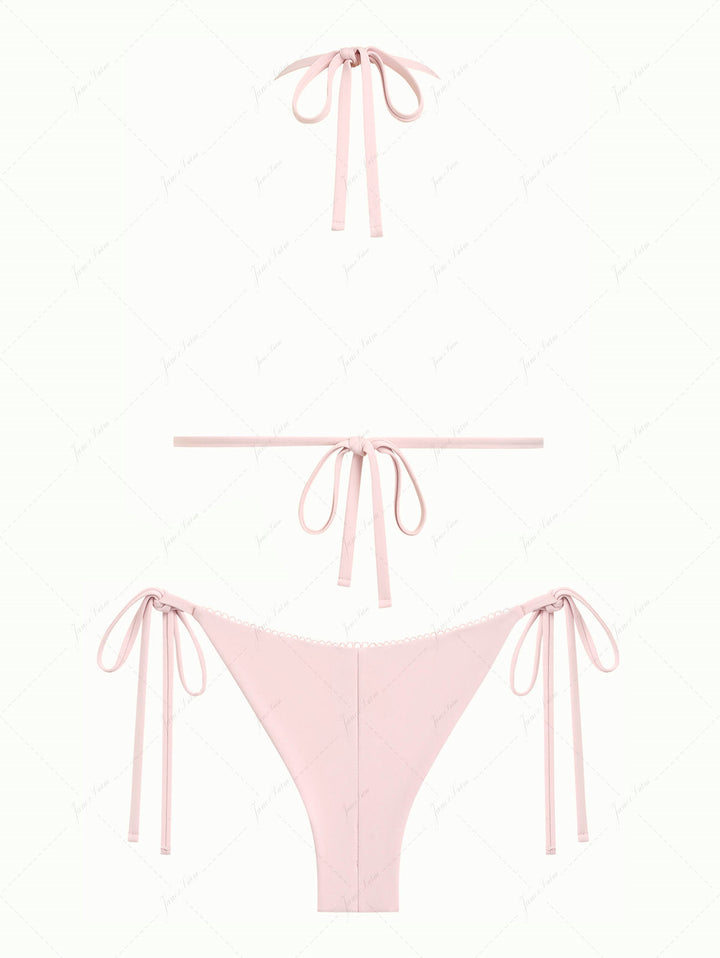 Pink Solid Color Picot Bowknot Triangle Top & Cheeky Brazilian Bottom Bikini Set