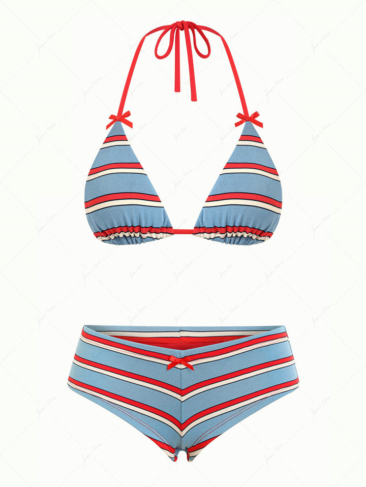 Blue Striped Bowknot Halter Triangle Cheeky Boyshorts Bikini Set
