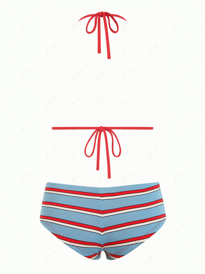 Blue Striped Bowknot Halter Triangle Cheeky Boyshorts Bikini Set