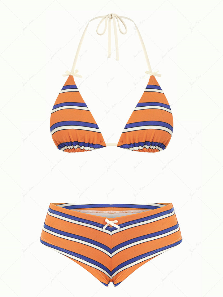 Orange Striped Bowknot Halter Triangle Cheeky Boyshorts Bikini Set