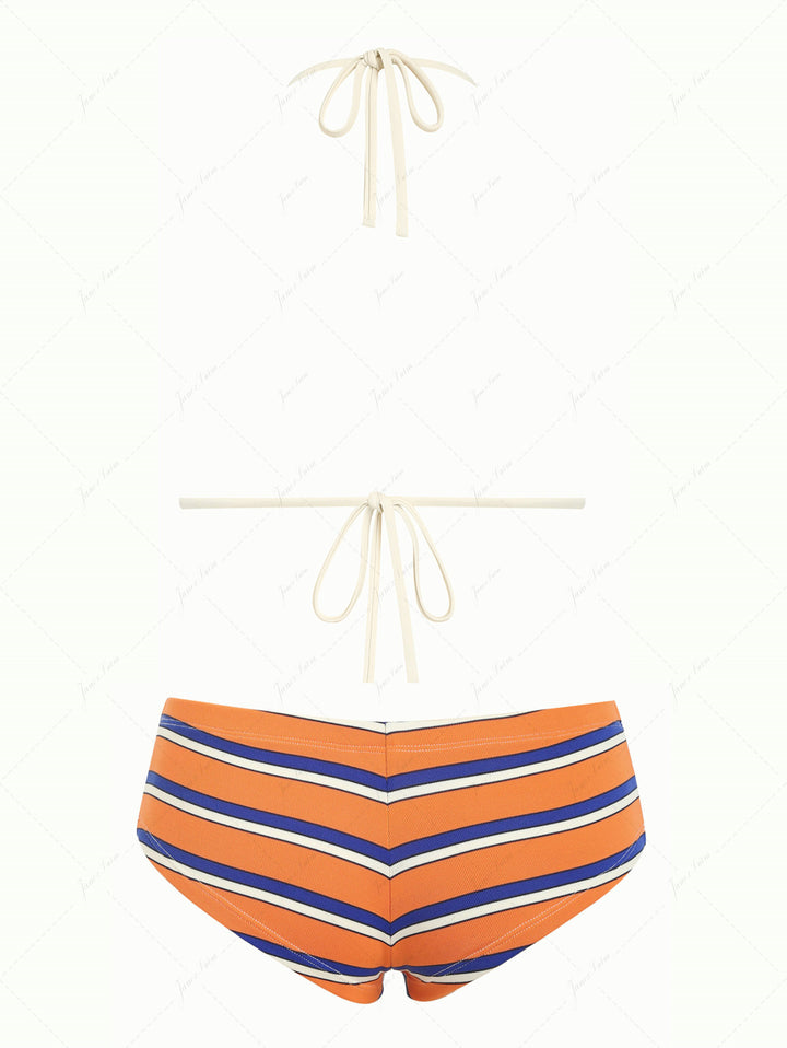 Orange Striped Bowknot Halter Triangle Cheeky Boyshorts Bikini Set
