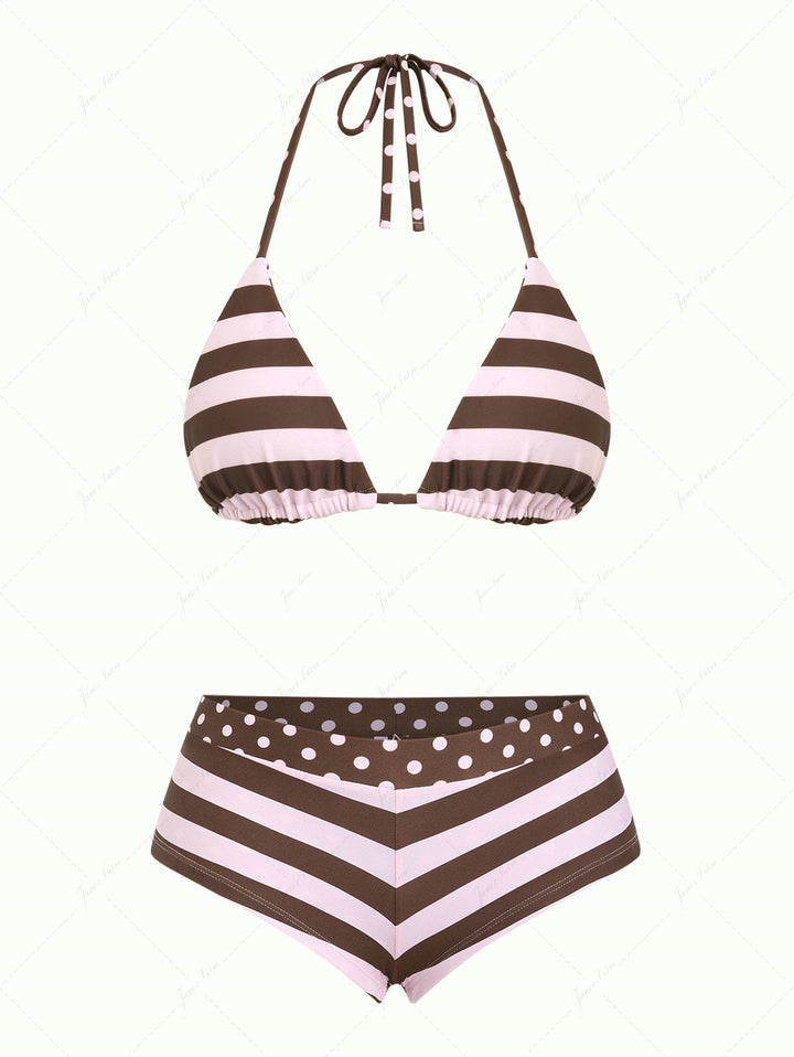 Pink Striped Polka Dot Triangle Reversible Top & Cheeky Boyshorts Bikini Set