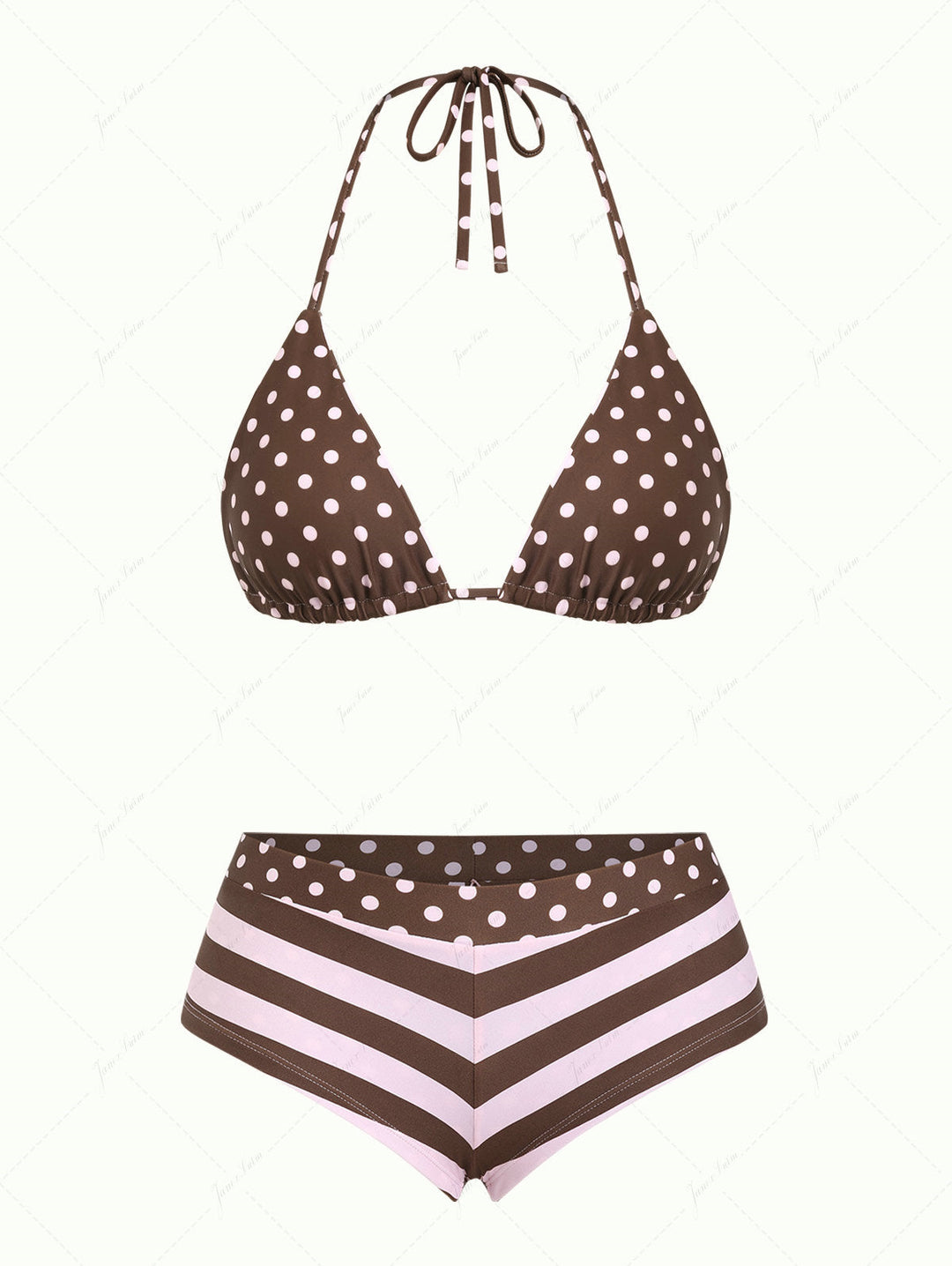 Pink Striped Polka Dot Triangle Reversible Top & Cheeky Boyshorts Bikini Set