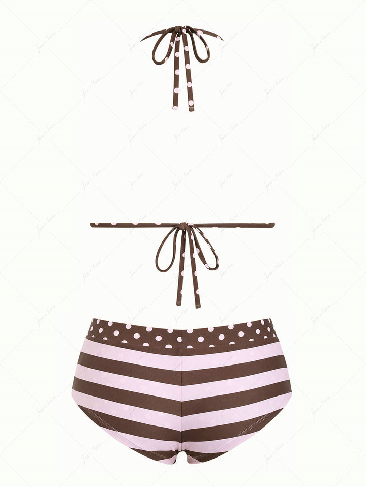 Pink Striped Polka Dot Triangle Reversible Top & Cheeky Boyshorts Bikini Set