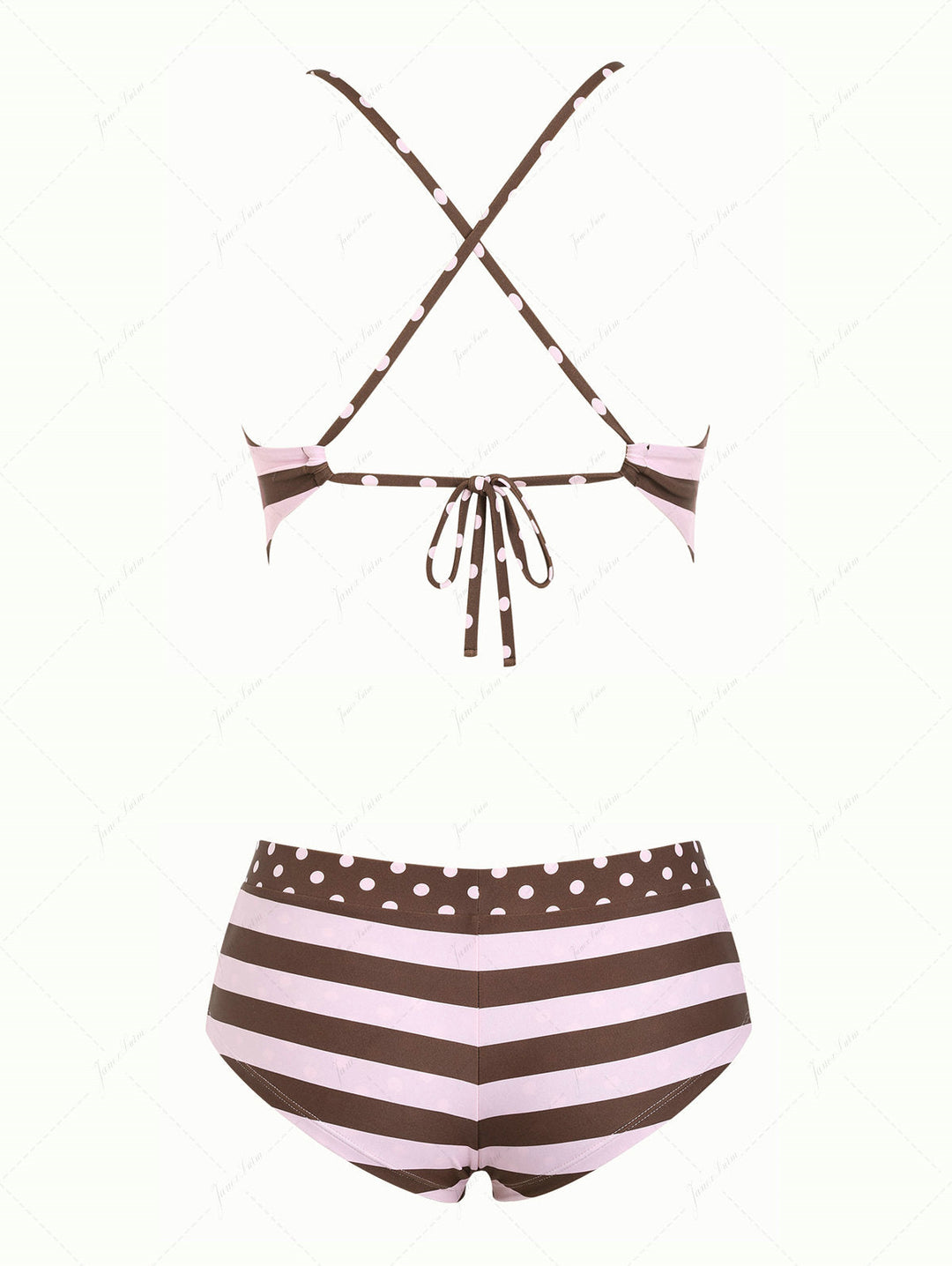 Pink Striped Polka Dot Crisscross Tie Open Back Cheeky Boyshorts Tankini Set