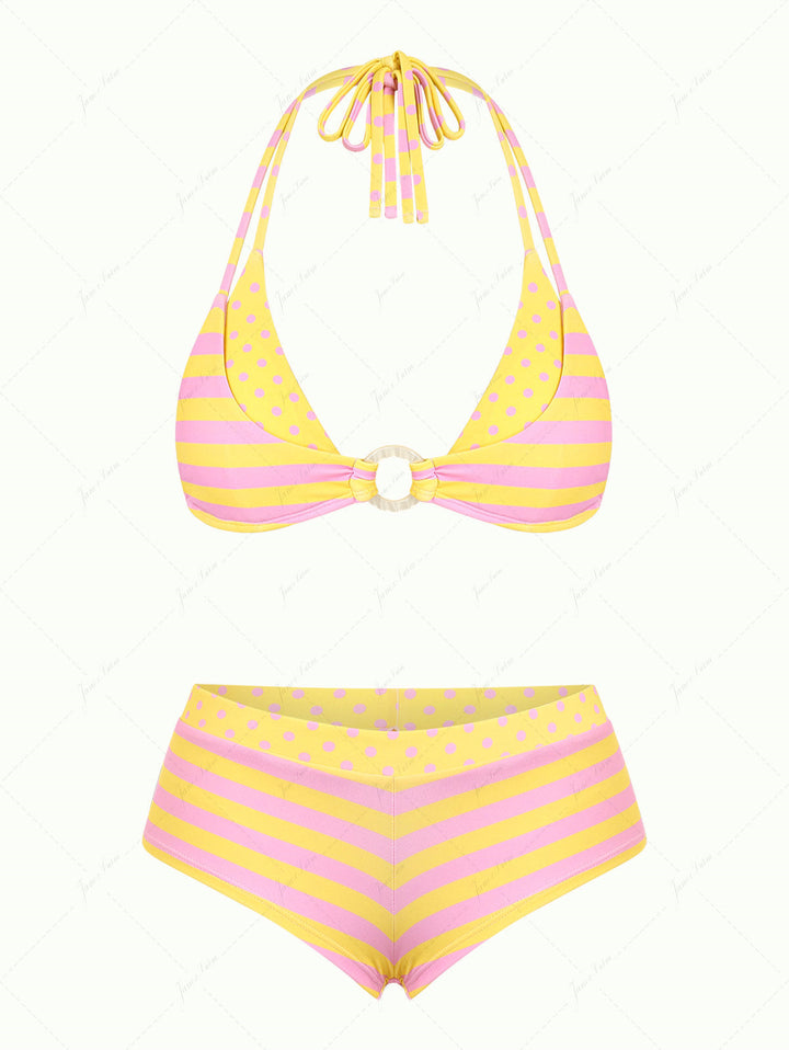 Yellow Striped Polka Dot O Ring Double Layer Top & Cheeky Boyshorts Bikini Set