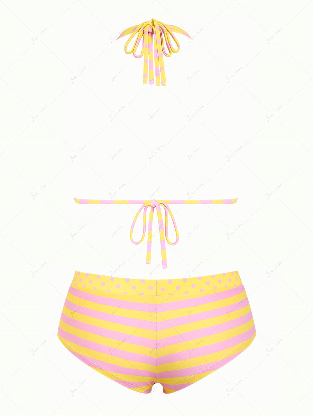 Yellow Striped Polka Dot O Ring Double Layer Top & Cheeky Boyshorts Bikini Set