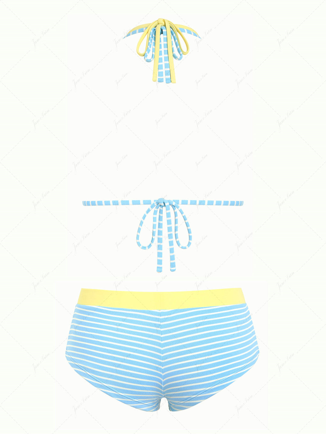 Sky Blue Striped Contrast Color O Ring Double Layer Top & Cheeky Boyshorts Bikini Set