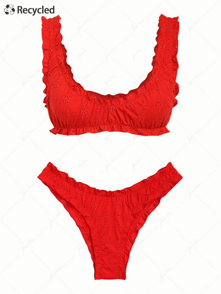 Red Recycled Fabric Jacquard Ruffles Edge Bralette Bikini Set