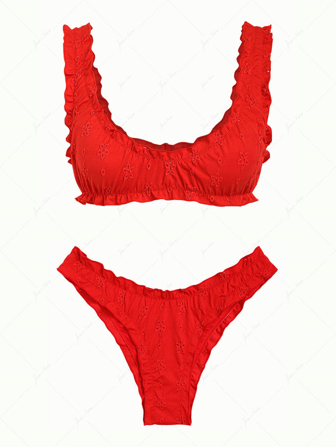Red Recycled Fabric Jacquard Ruffles Edge Bralette Bikini Set