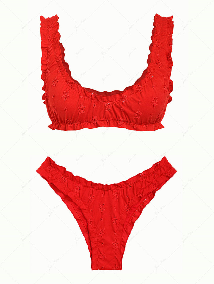 Red Recycled Fabric Jacquard Ruffles Edge Bralette Bikini Set