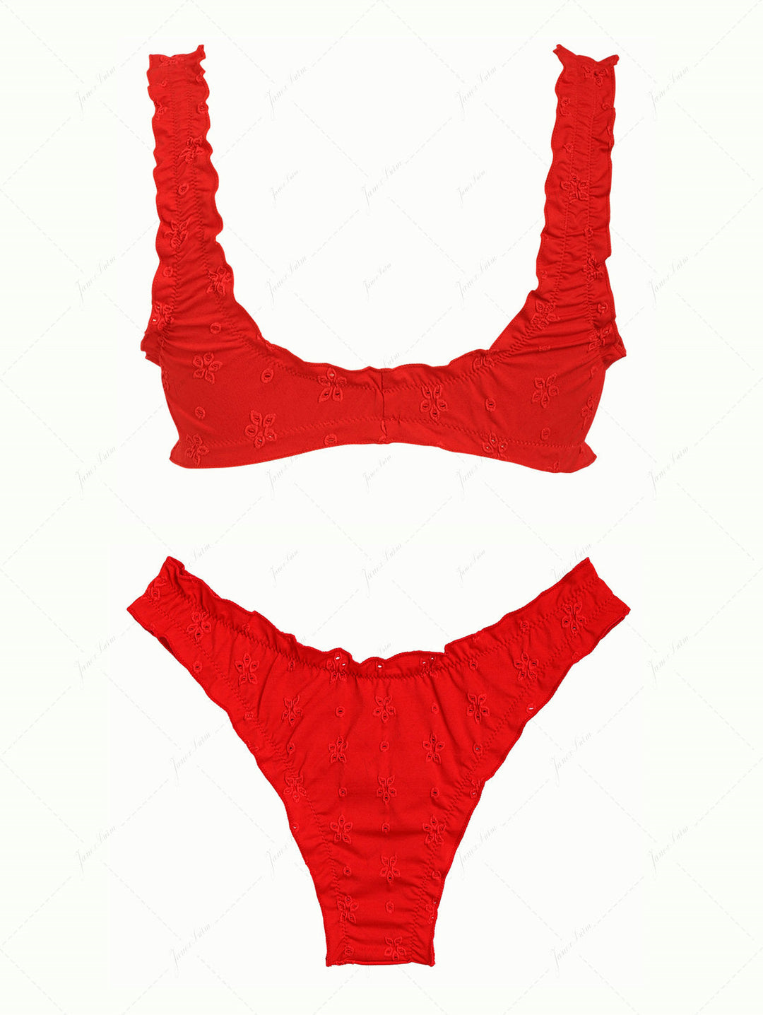 Red Recycled Fabric Jacquard Ruffles Edge Bralette Bikini Set