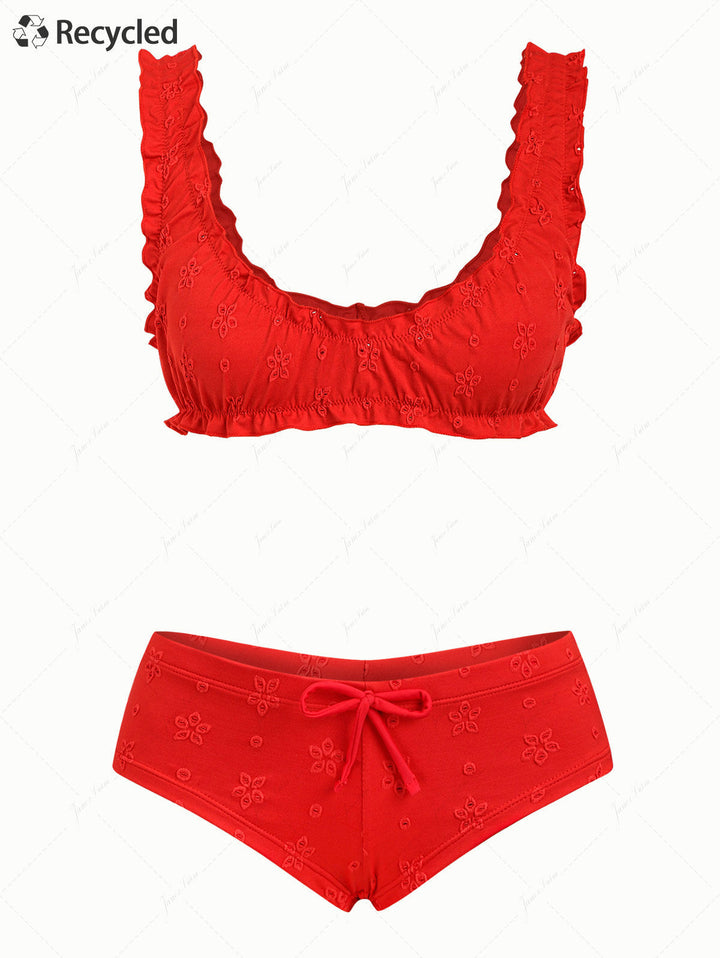 Red Recycled Fabric Jacquard Ruffles Edge Bralette Cheeky Boyshorts Bikini Set
