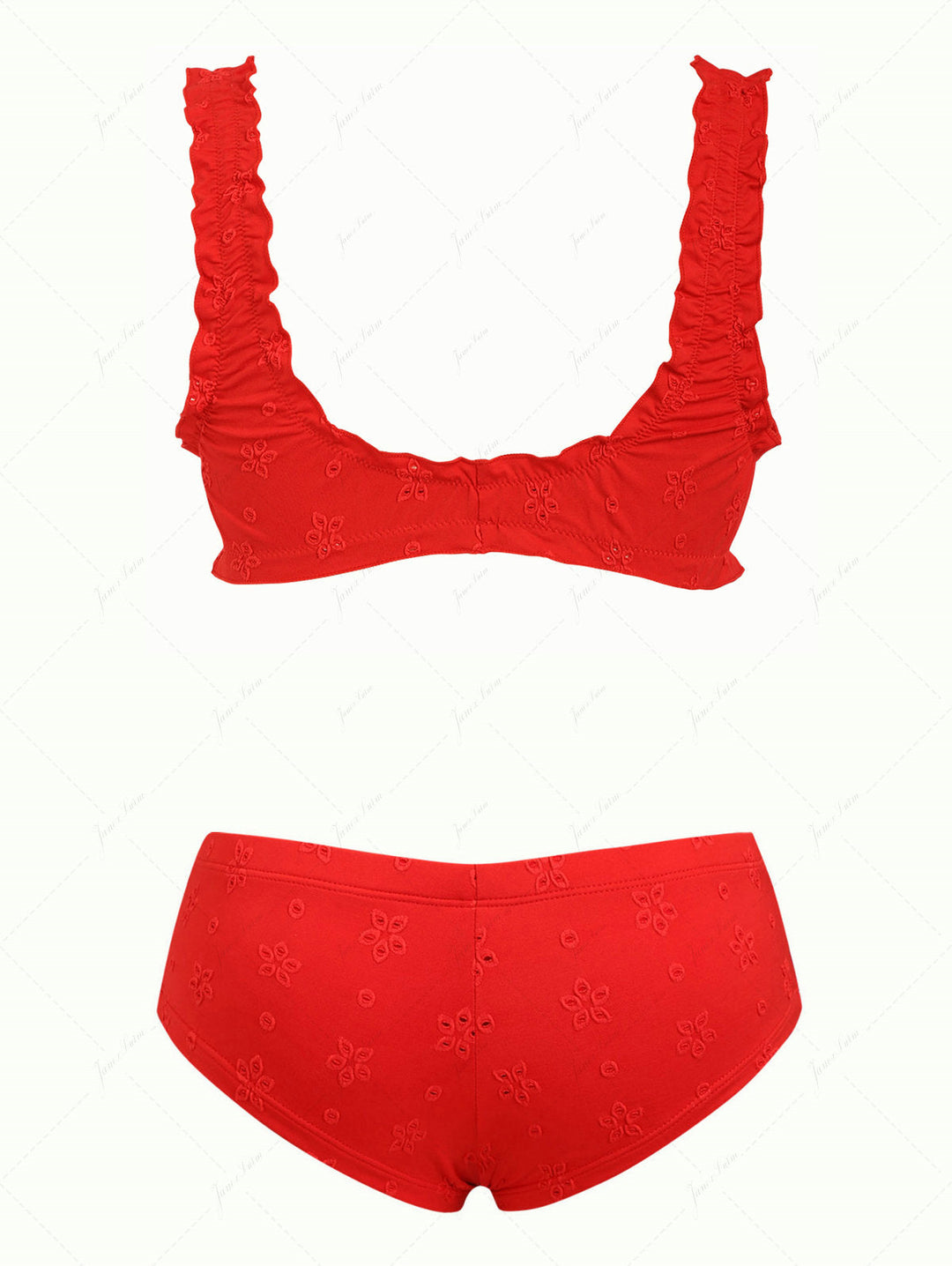 Red Recycled Fabric Jacquard Ruffles Edge Bralette Cheeky Boyshorts Bikini Set