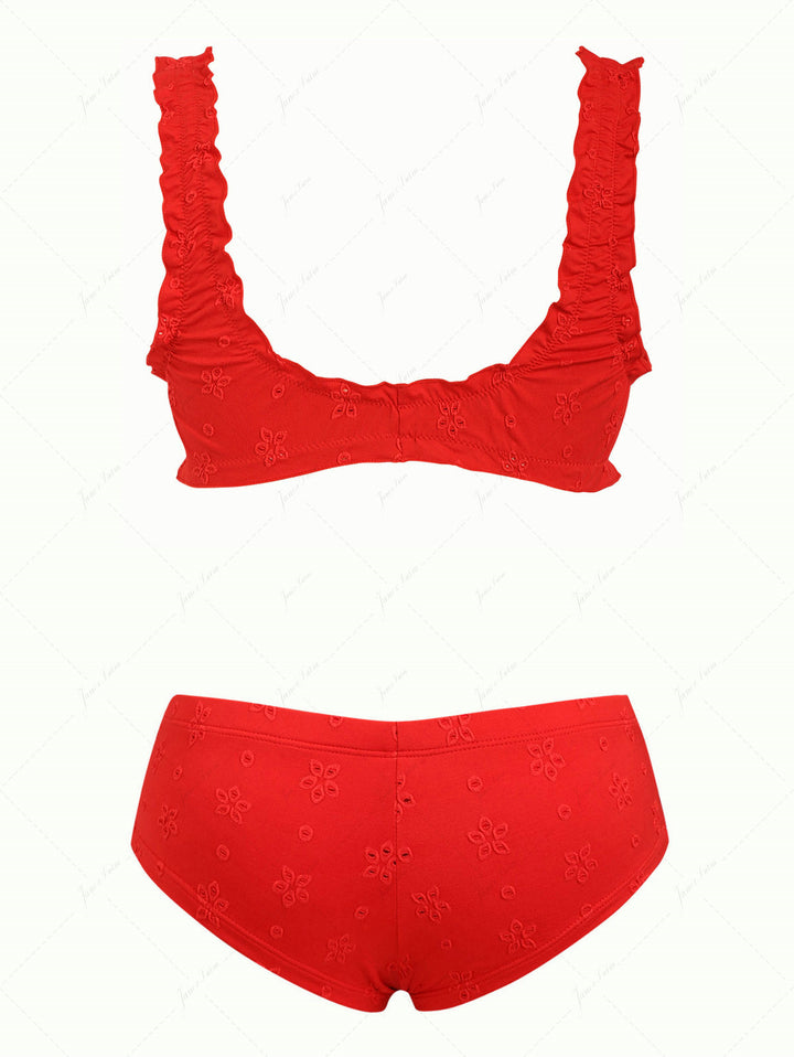 Red Recycled Fabric Jacquard Ruffles Edge Bralette Cheeky Boyshorts Bikini Set