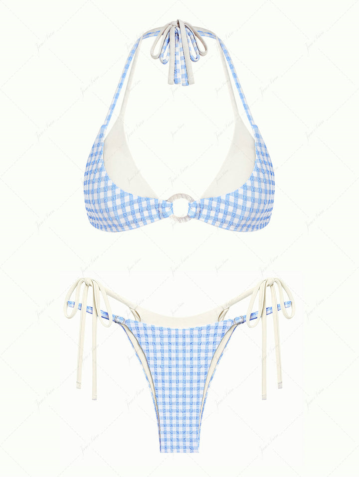 Light Blue Bubble Grid Textured O Ring Double Layer Bikini Set