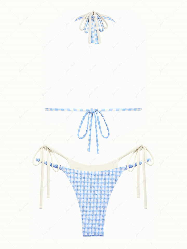Light Blue Bubble Grid Textured O Ring Double Layer Bikini Set
