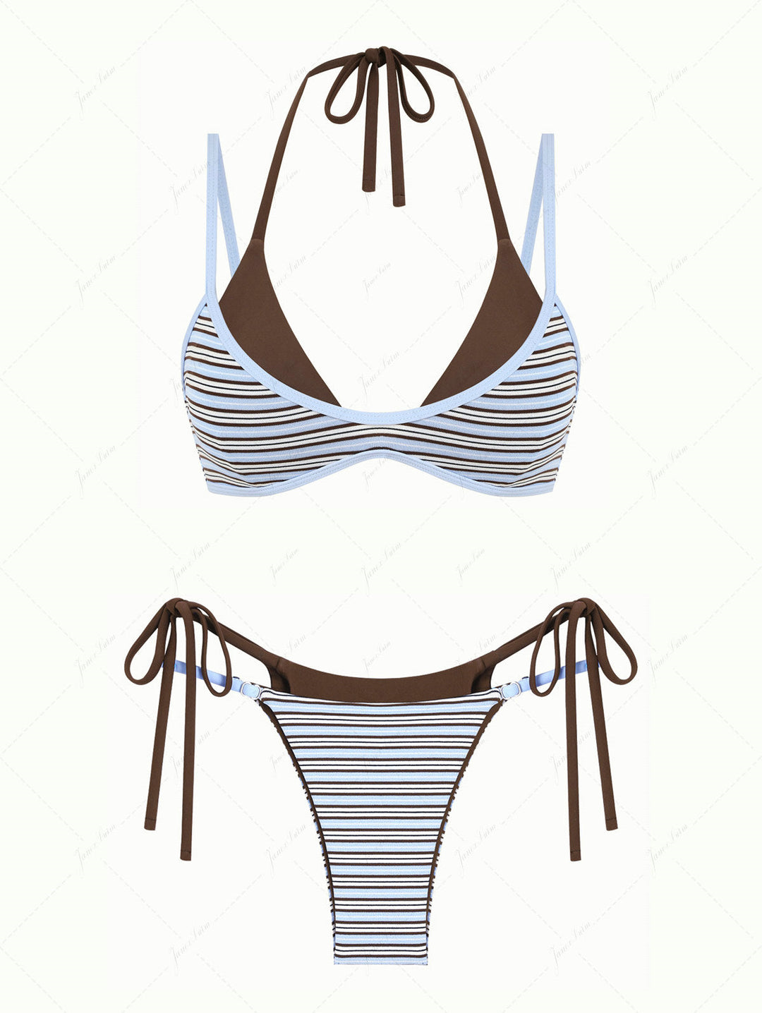 Powder Blue Contrast Binding Ribbed Knit Striped String Double Layer Bikini Set