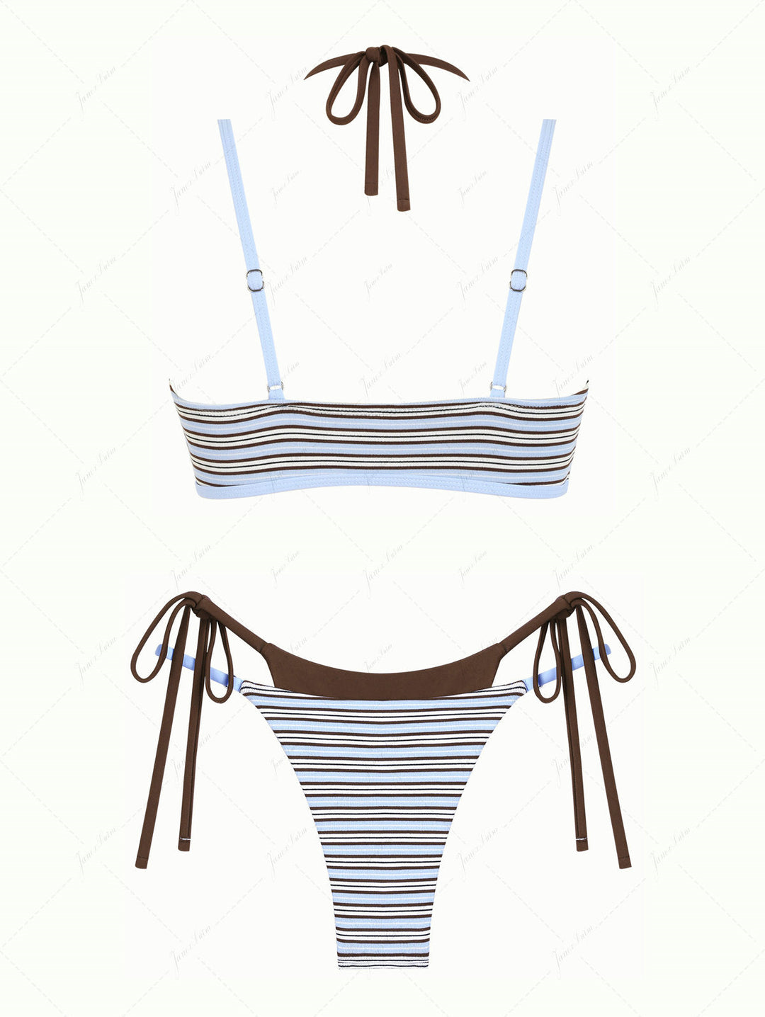 Powder Blue Contrast Binding Ribbed Knit Striped String Double Layer Bikini Set