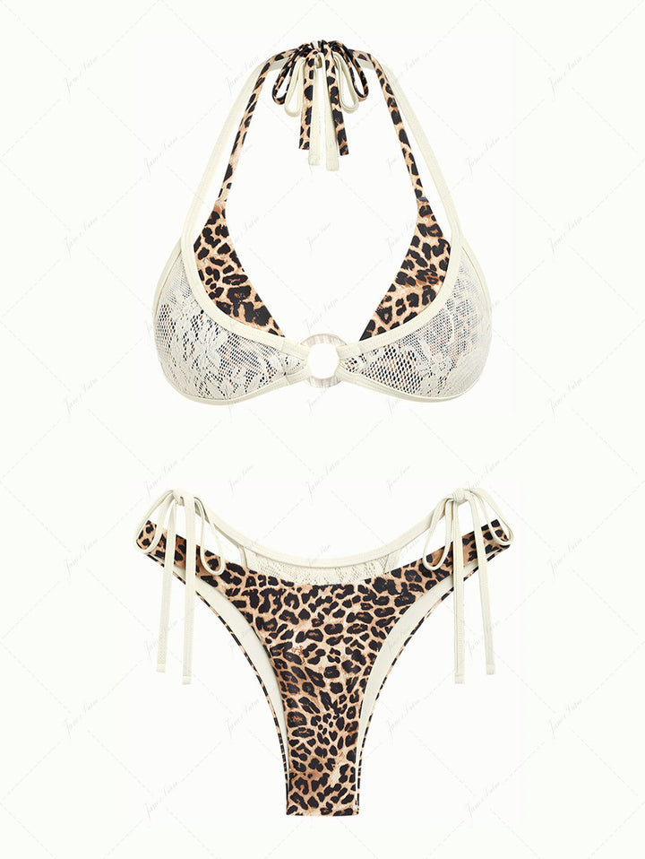 Coffee Leopard Print Contrast Lace O Ring Double Layer Bikini Set